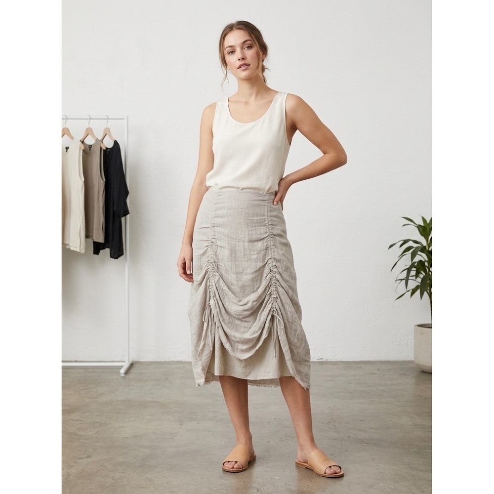 Eileen Fisher Italian Linen Ruched Draped Midi Skirt Beige Size L S7NF-3